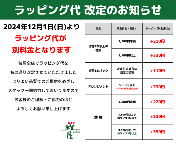 【重要なお知らせ】2024年12月1日　ラッピング料の改定を行いました