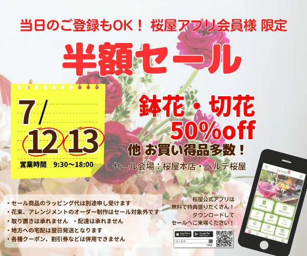 【7月12日(土),13日(日)】当日ご登録OK！アプリ会員様限定 鉢花・切花半額セール